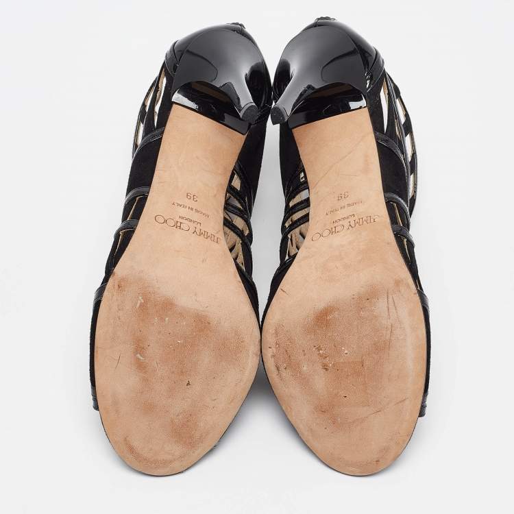 Pre Owned Jimmy Choo Black Patent and Suede Cut Out Sandals Size 39