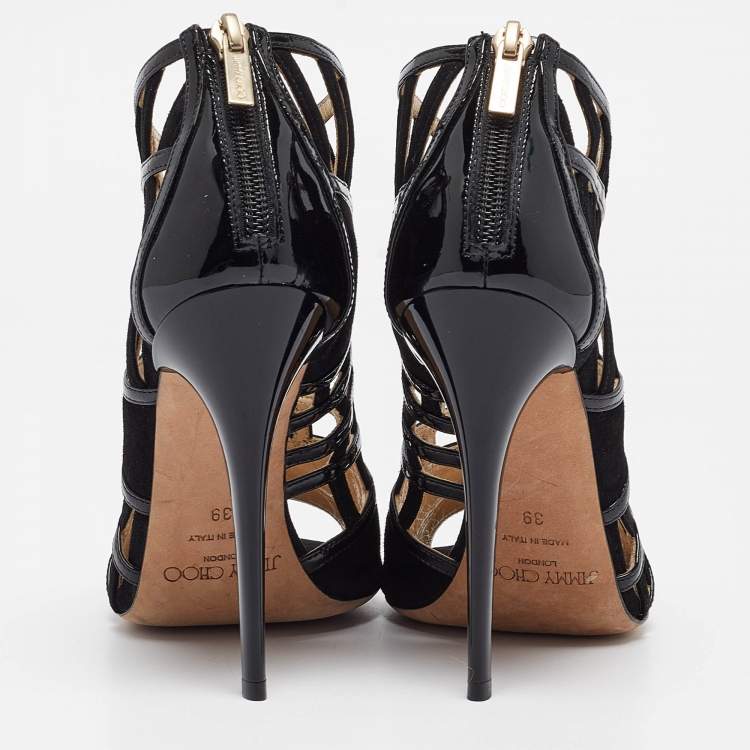 Pre Owned Jimmy Choo Black Patent and Suede Cut Out Sandals Size 39