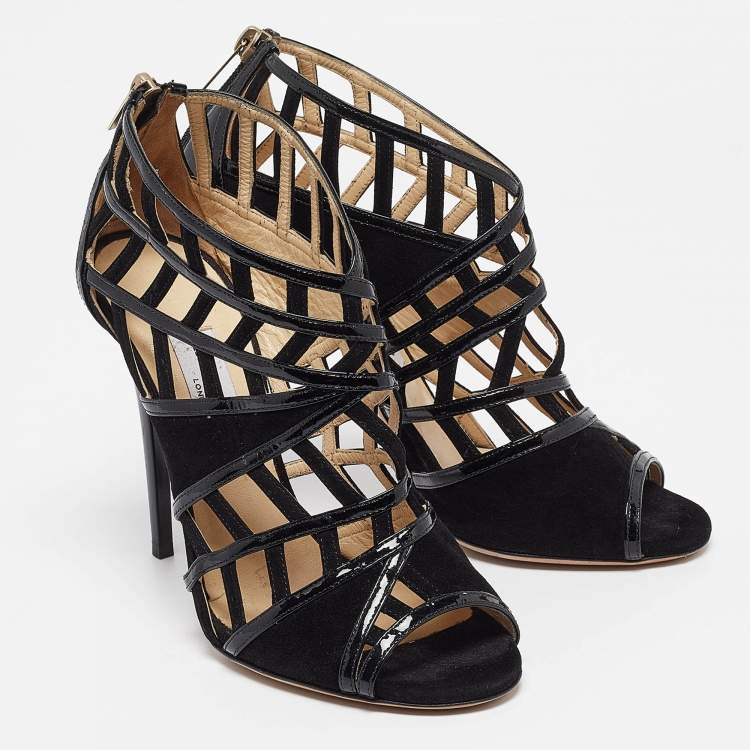 Pre Owned Jimmy Choo Black Patent and Suede Cut Out Sandals Size 39