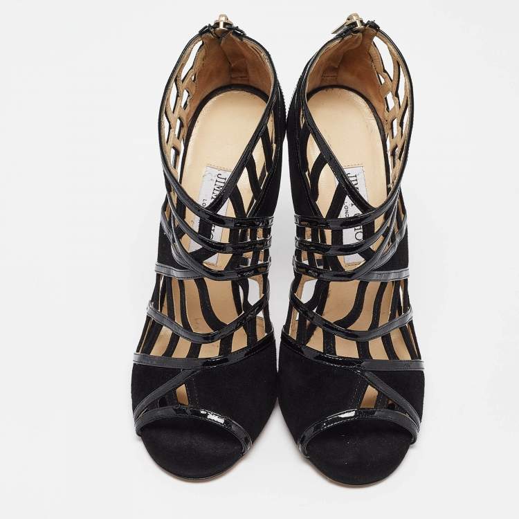 Pre Owned Jimmy Choo Black Patent and Suede Cut Out Sandals Size 39