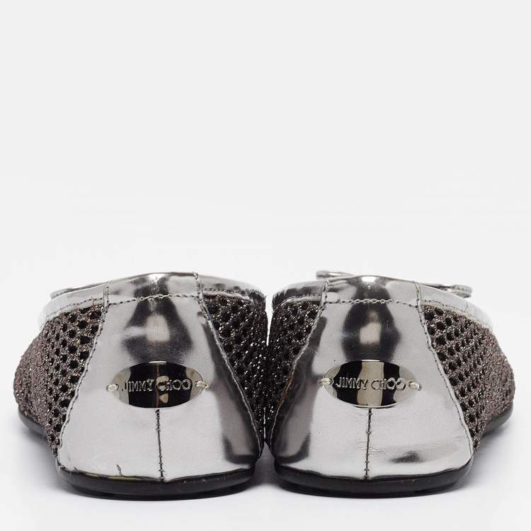 Pre Owned Jimmy Choo Silver Glitter Mesh and Leather Ballet Flats Size 36.5