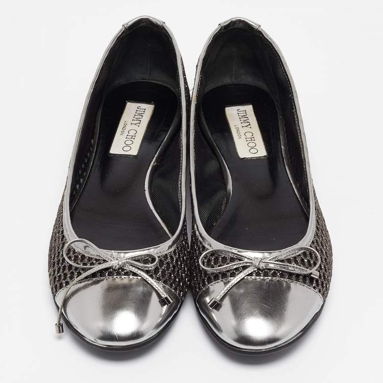 Pre Owned Jimmy Choo Silver Glitter Mesh and Leather Ballet Flats Size 36.5