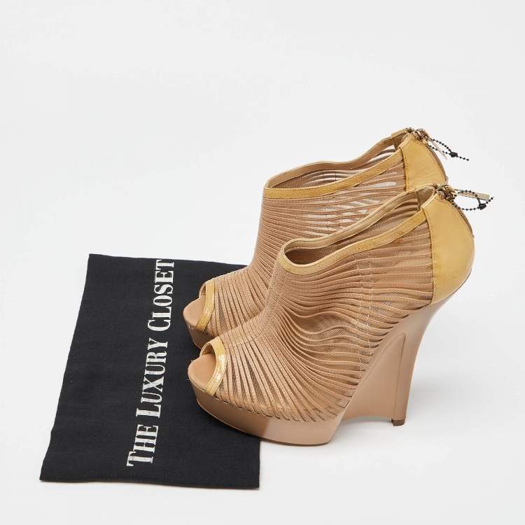 Pre Owned Jimmy Choo Beige Patent Leather and Mesh Wedge Peep Toe Platform Ankle Booties Size 38.5