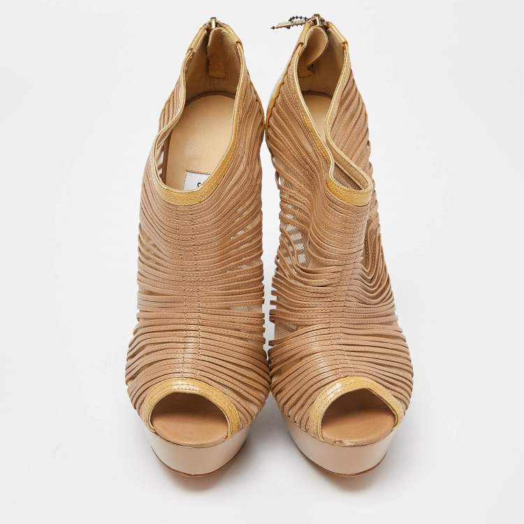 Pre Owned Jimmy Choo Beige Patent Leather and Mesh Wedge Peep Toe Platform Ankle Booties Size 38.5