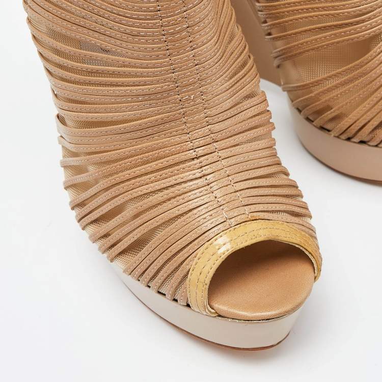Pre Owned Jimmy Choo Beige Patent Leather and Mesh Wedge Peep Toe Platform Ankle Booties Size 38.5