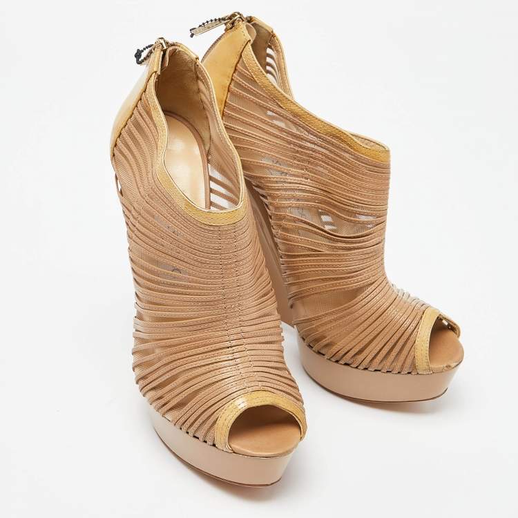 Pre Owned Jimmy Choo Beige Patent Leather and Mesh Wedge Peep Toe Platform Ankle Booties Size 38.5