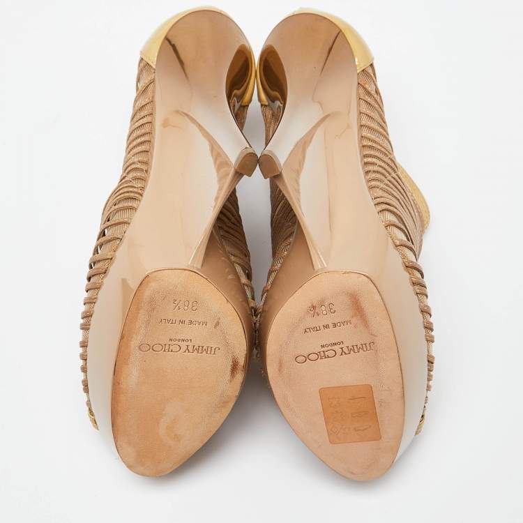 Pre Owned Jimmy Choo Beige Patent Leather and Mesh Wedge Peep Toe Platform Ankle Booties Size 38.5