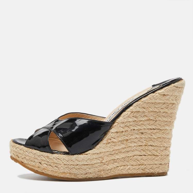 Pre Owned  Jimmy Choo Black Patent Leather Phyllis Espadrille Wedge Sandals Size 39