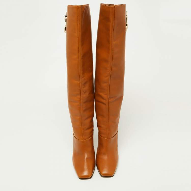 Pre Owned Jimmy Choo Brown Leather Mahesa 100 Embellished Knee Length Boots Size 36