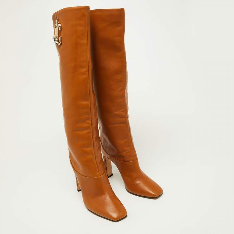 Pre Owned Jimmy Choo Brown Leather Mahesa 100 Embellished Knee Length Boots Size 36