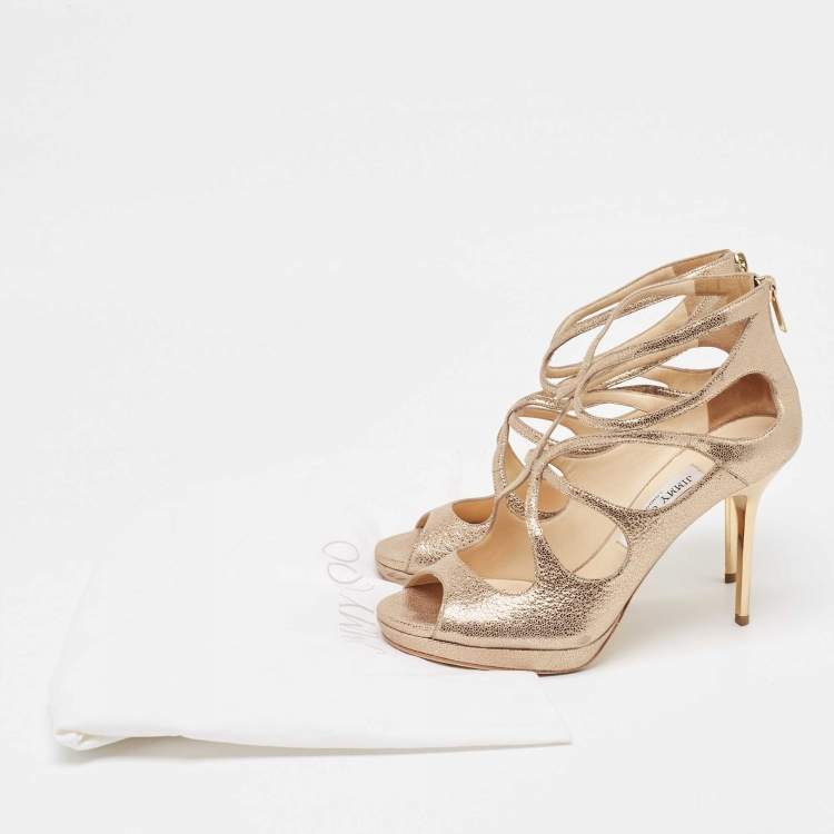 Pre Owned Jimmy Choo Metallic Gold Leather Strappy Sandals Size 38.5