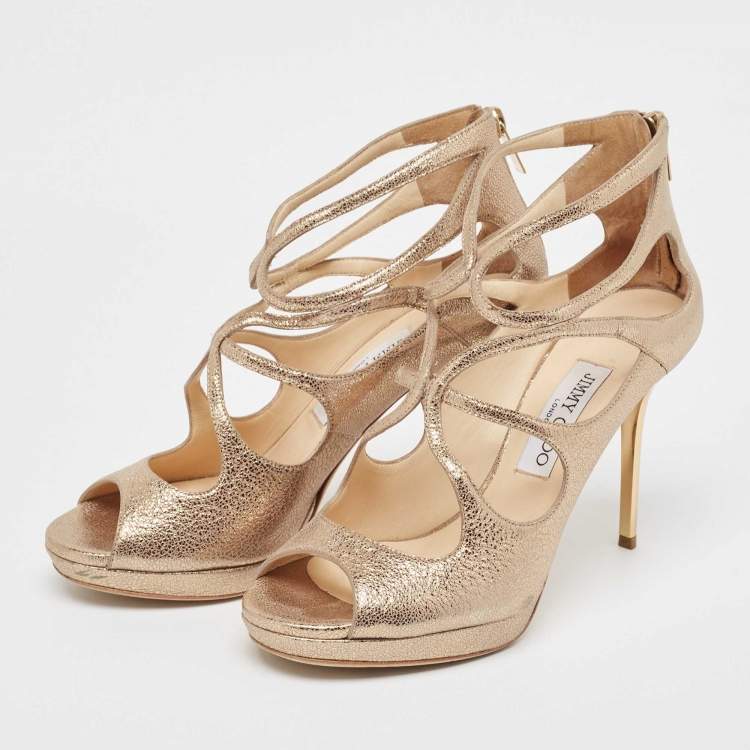 Pre Owned Jimmy Choo Metallic Gold Leather Strappy Sandals Size 38.5