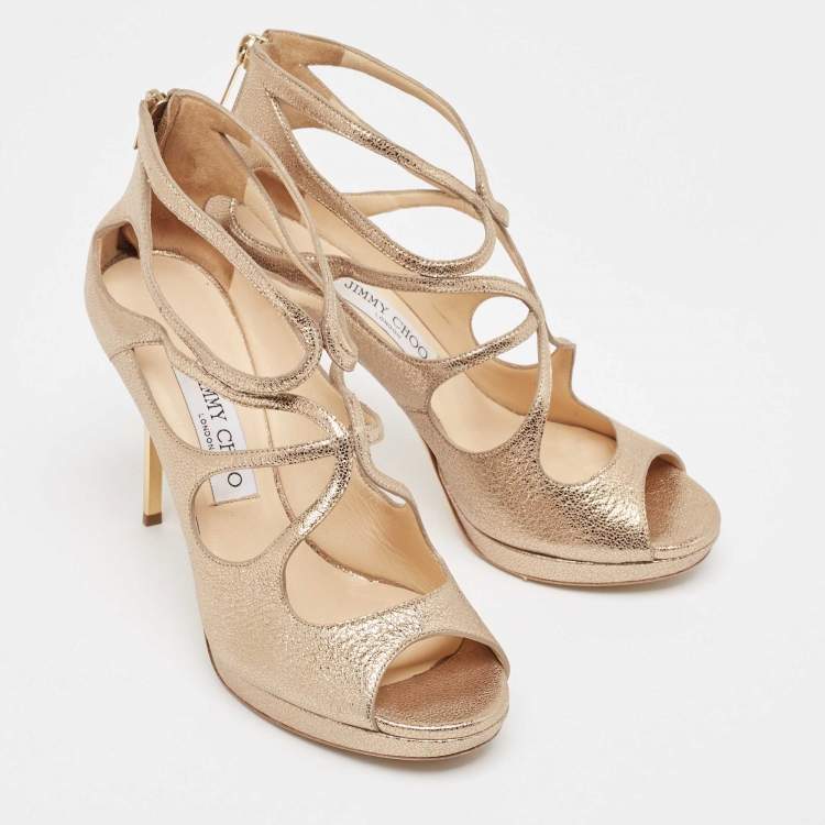 Pre Owned Jimmy Choo Metallic Gold Leather Strappy Sandals Size 38.5