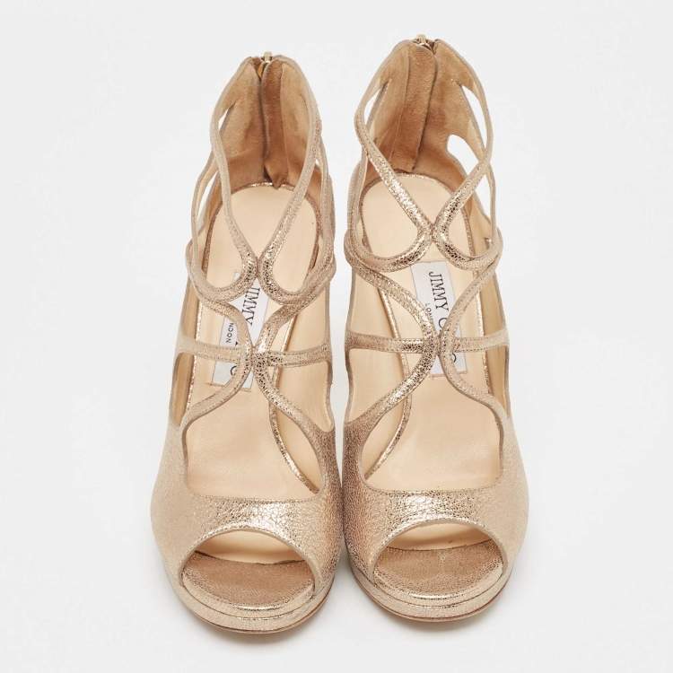 Pre Owned Jimmy Choo Metallic Gold Leather Strappy Sandals Size 38.5