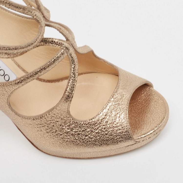 Pre Owned Jimmy Choo Metallic Gold Leather Strappy Sandals Size 38.5