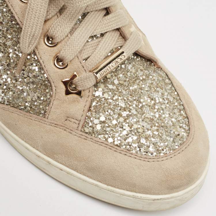 Pre Owned Jimmy Choo Beige Glitter and Suede Miami Sneakers Size 36