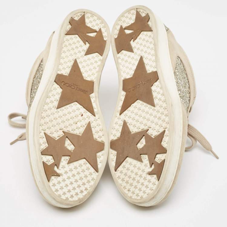 Pre Owned Jimmy Choo Beige Glitter and Suede Miami Sneakers Size 36