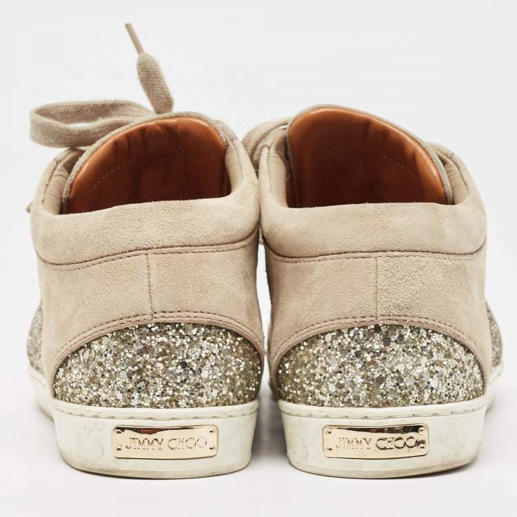Pre Owned Jimmy Choo Beige Glitter and Suede Miami Sneakers Size 36