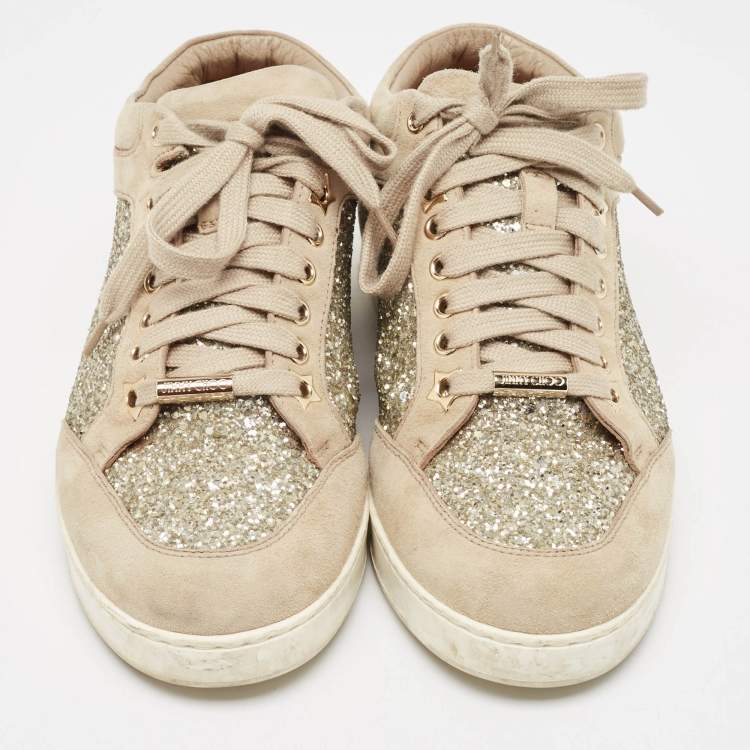 Pre Owned Jimmy Choo Beige Glitter and Suede Miami Sneakers Size 36