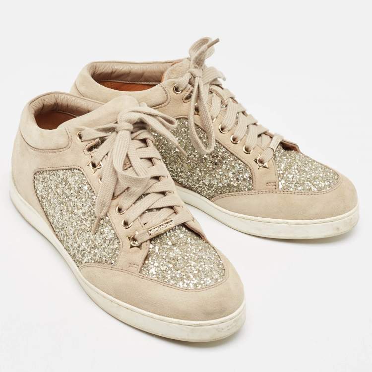 Pre Owned Jimmy Choo Beige Glitter and Suede Miami Sneakers Size 36