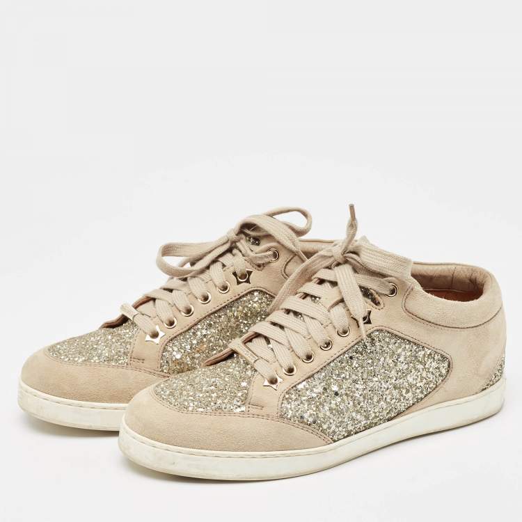 Pre Owned Jimmy Choo Beige Glitter and Suede Miami Sneakers Size 36