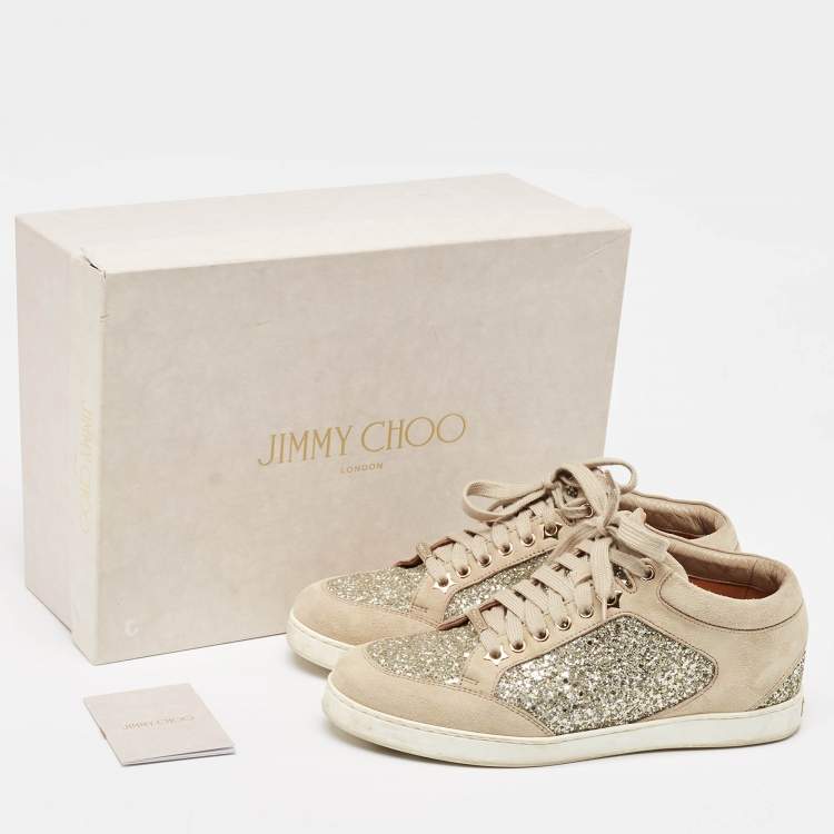 Pre Owned Jimmy Choo Beige Glitter and Suede Miami Sneakers Size 36