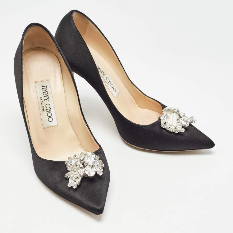 Pre Owned Jimmy Choo Black Satin Crystal Embellished Manda Pumps Size 36