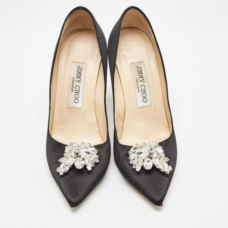 Pre Owned Jimmy Choo Black Satin Crystal Embellished Manda Pumps Size 36
