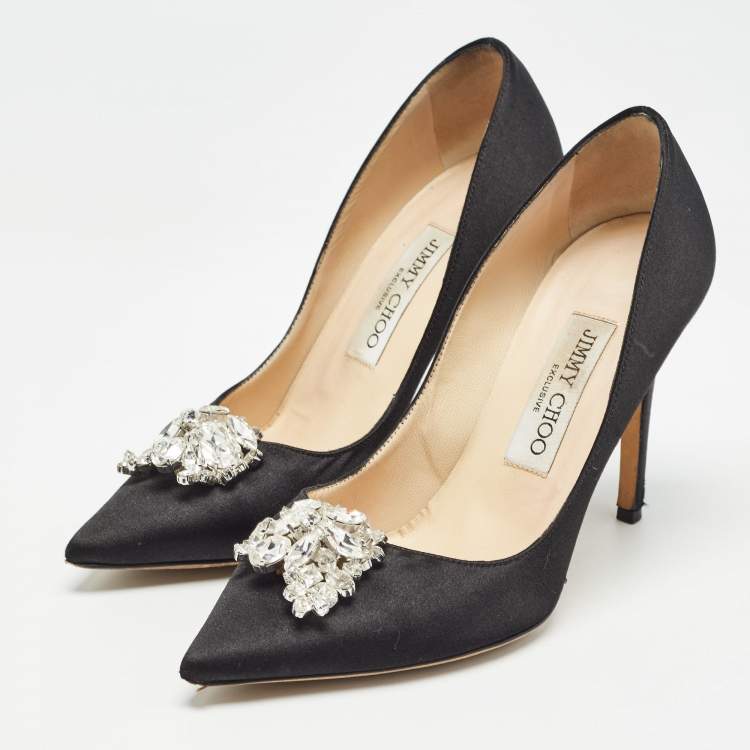 Pre Owned Jimmy Choo Black Satin Crystal Embellished Manda Pumps Size 36