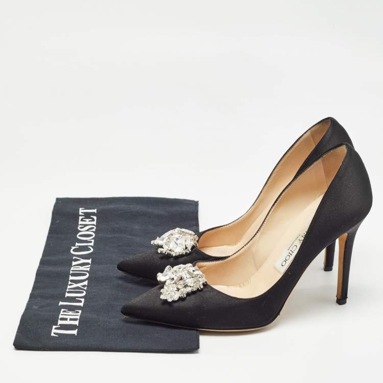 Pre Owned Jimmy Choo Black Satin Crystal Embellished Manda Pumps Size 36