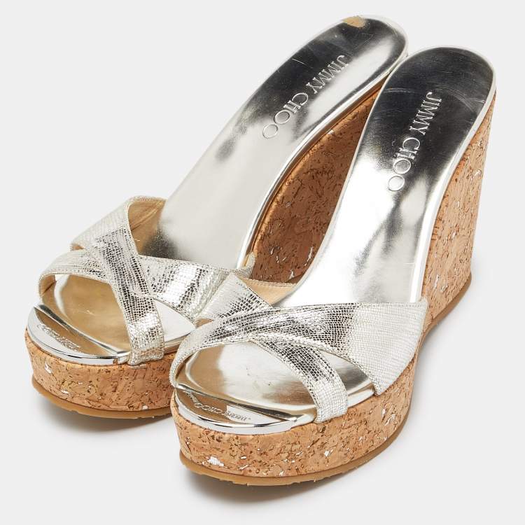 Pre Owned Jimmy Choo Gold Textured Leather Prima Wedge Sandals Size 38