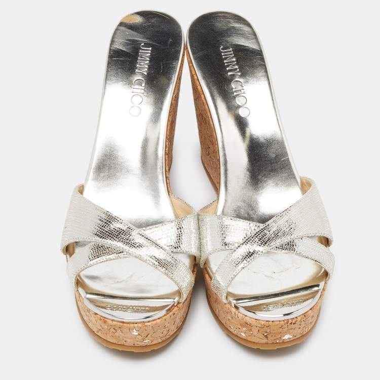 Pre Owned Jimmy Choo Gold Textured Leather Prima Wedge Sandals Size 38