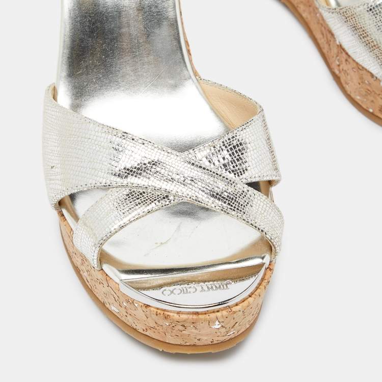 Pre Owned Jimmy Choo Gold Textured Leather Prima Wedge Sandals Size 38