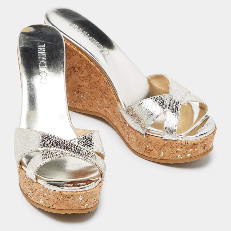 Pre Owned Jimmy Choo Gold Textured Leather Prima Wedge Sandals Size 38