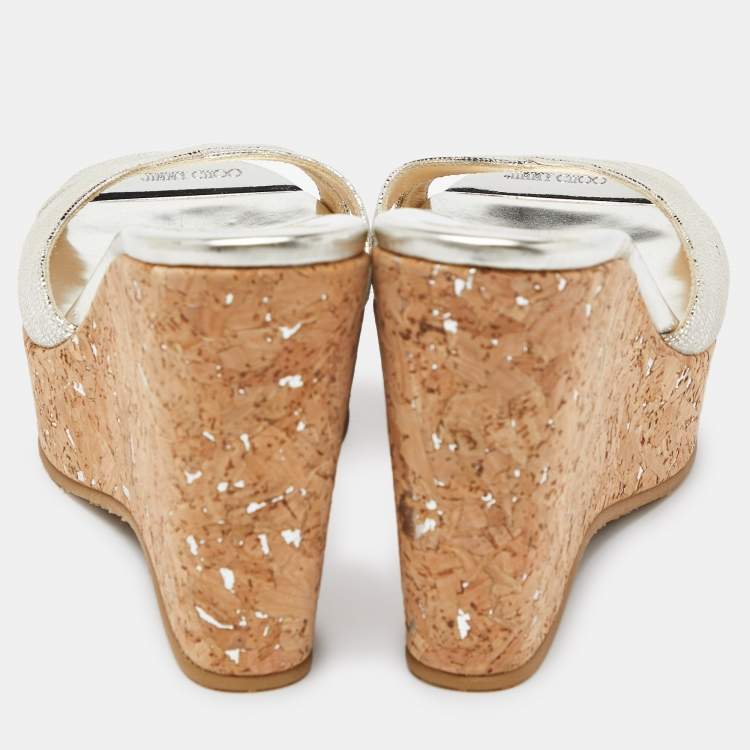 Pre Owned Jimmy Choo Gold Textured Leather Prima Wedge Sandals Size 38