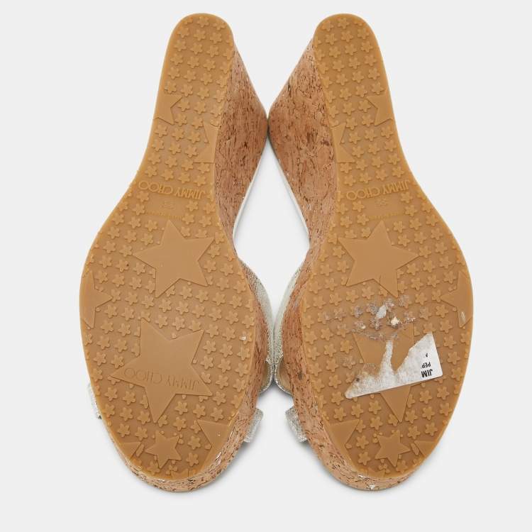 Pre Owned Jimmy Choo Gold Textured Leather Prima Wedge Sandals Size 38