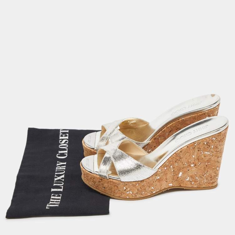 Pre Owned Jimmy Choo Gold Textured Leather Prima Wedge Sandals Size 38