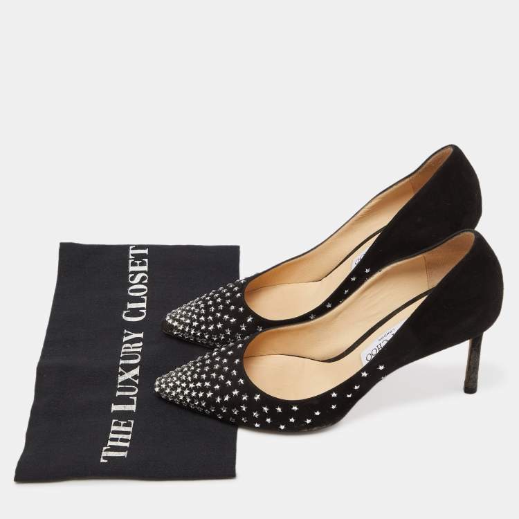 Pre Owned Jimmy Choo Black Suede Romy Crystal Embellished Pointed Toe Pumps Size 39.5