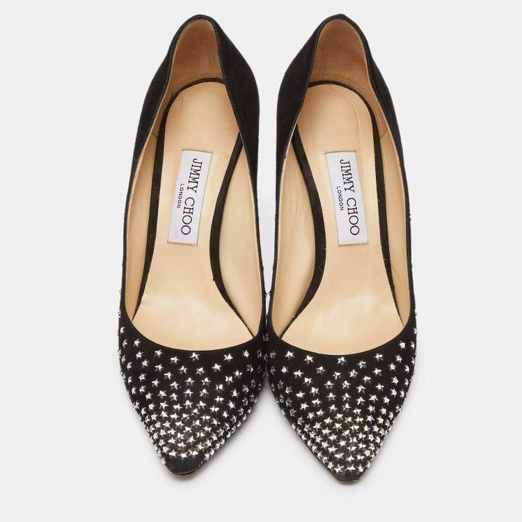 Pre Owned Jimmy Choo Black Suede Romy Crystal Embellished Pointed Toe Pumps Size 39.5