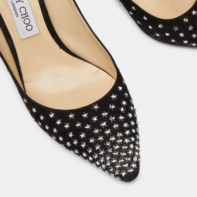 Pre Owned Jimmy Choo Black Suede Romy Crystal Embellished Pointed Toe Pumps Size 39.5