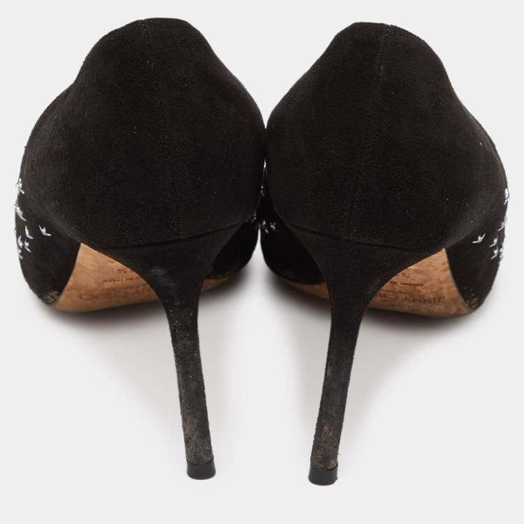 Pre Owned Jimmy Choo Black Suede Romy Crystal Embellished Pointed Toe Pumps Size 39.5