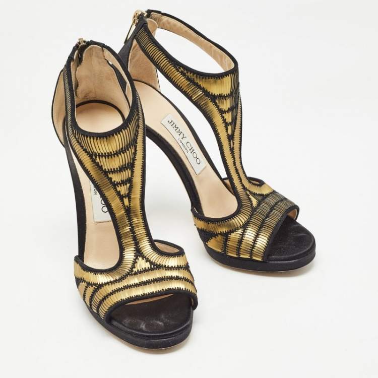 Pre Owned Jimmy Choo Black Satin Embellished Sandals Size 37    