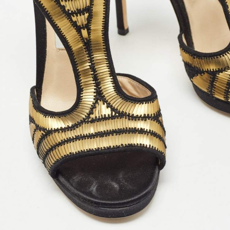Pre Owned Jimmy Choo Black Satin Embellished Sandals Size 37    