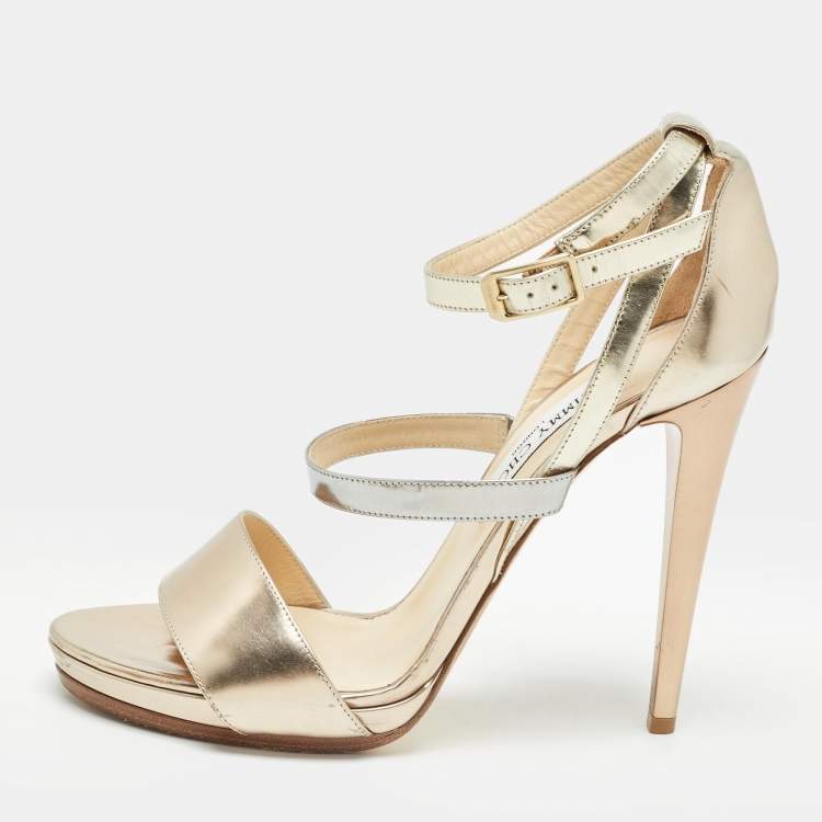 Pre Owned Jimmy Choo Gold/Silver Leather Ankle Strap Sandals Size 41