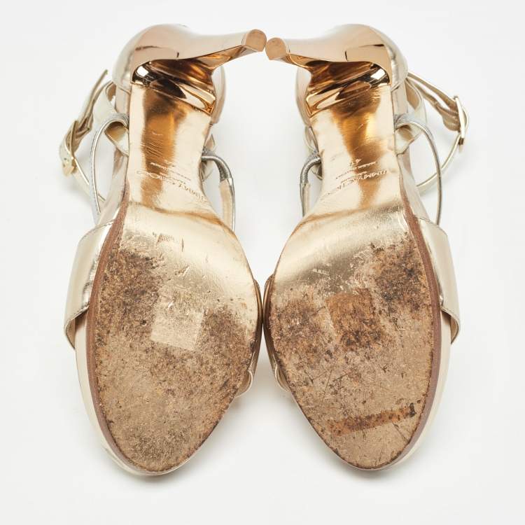Pre Owned Jimmy Choo Gold/Silver Leather Ankle Strap Sandals Size 41