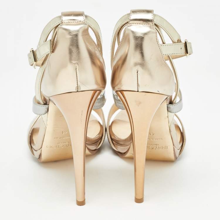 Pre Owned Jimmy Choo Gold/Silver Leather Ankle Strap Sandals Size 41