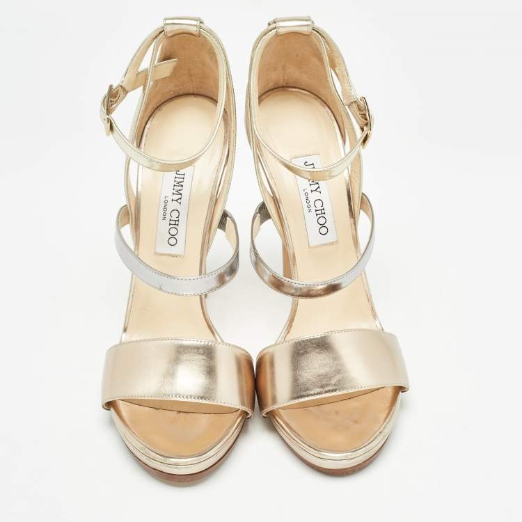 Pre Owned Jimmy Choo Gold/Silver Leather Ankle Strap Sandals Size 41