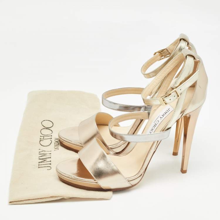Pre Owned Jimmy Choo Gold/Silver Leather Ankle Strap Sandals Size 41