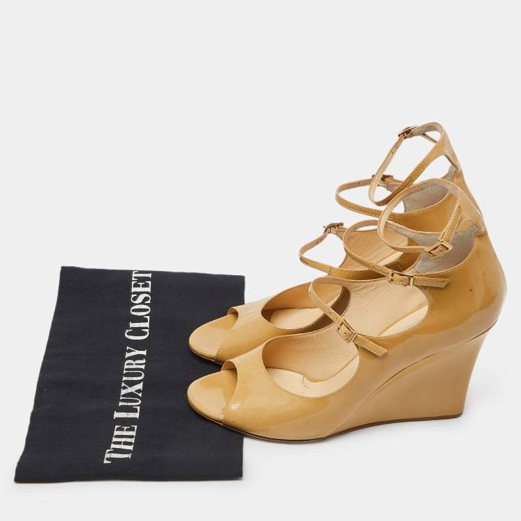 Pre Owned Jimmy Choo Beige Patent Leather Strappy Wedge Open Toe Pumps Size 38