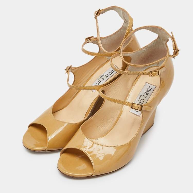 Pre Owned Jimmy Choo Beige Patent Leather Strappy Wedge Open Toe Pumps Size 38